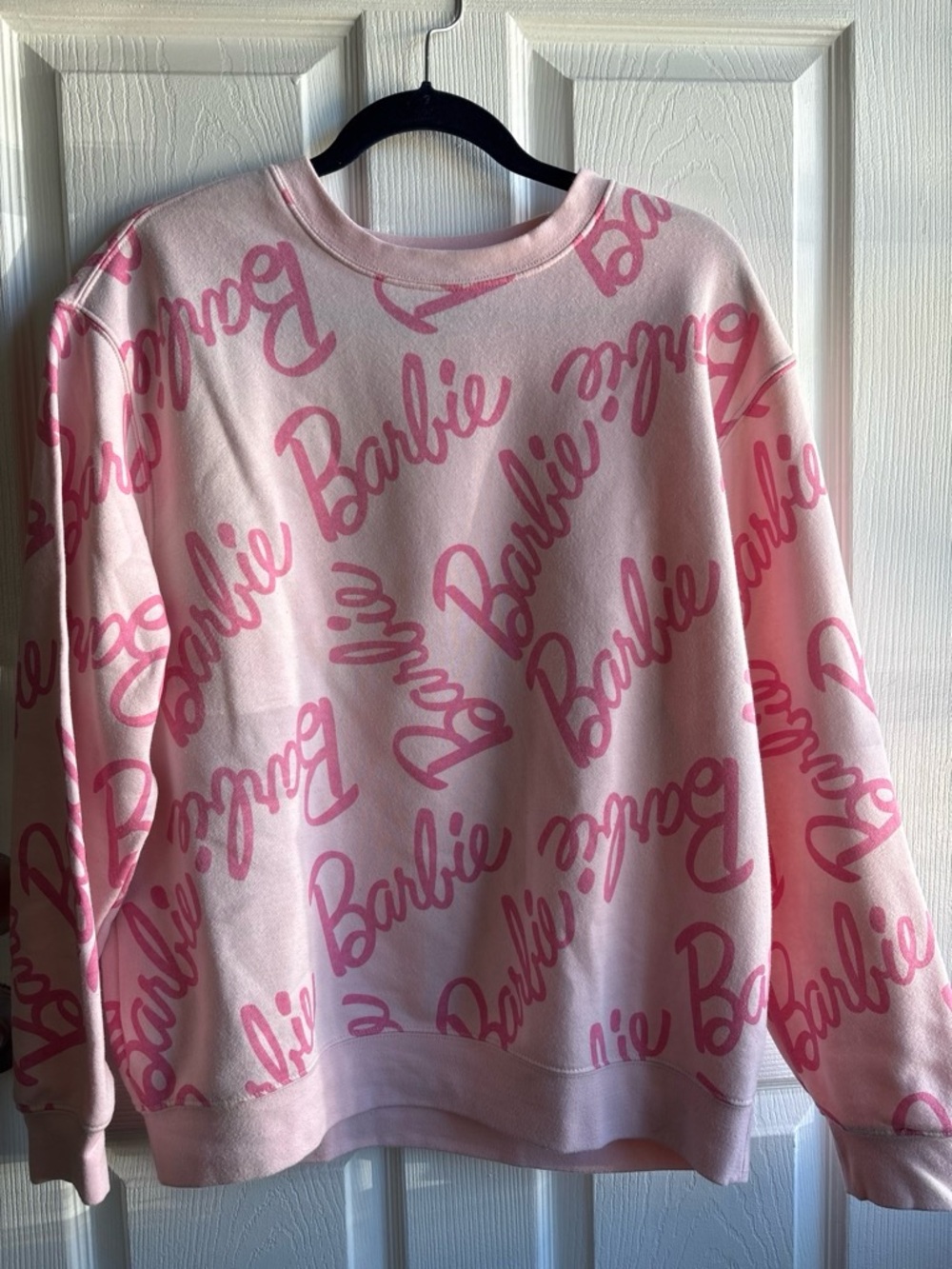 Barbie Pink Script All-Over Logo Crewneck Sweater